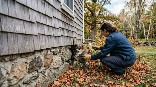 Technician inspecting home foundation for year-round pest prevention in Keene during fall leaf season.