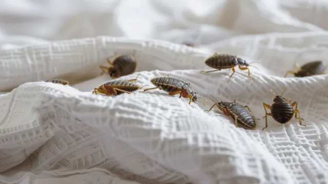 A bunch of bed bugs are crawling on a bed. A bunch of bed bugs are crawling on a bed.