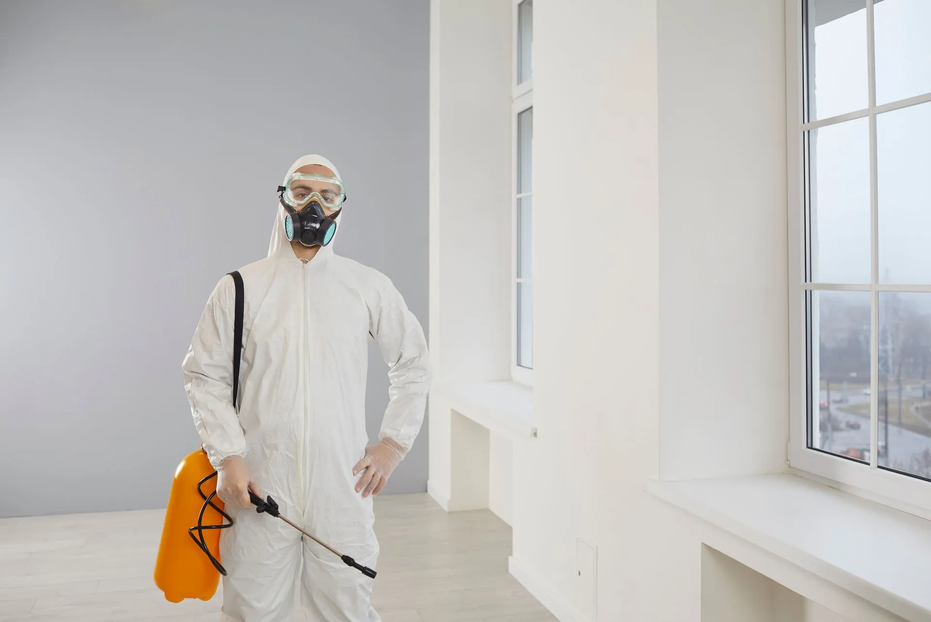 A man in a protective suit and mask is holding a sprayer in an empty room.