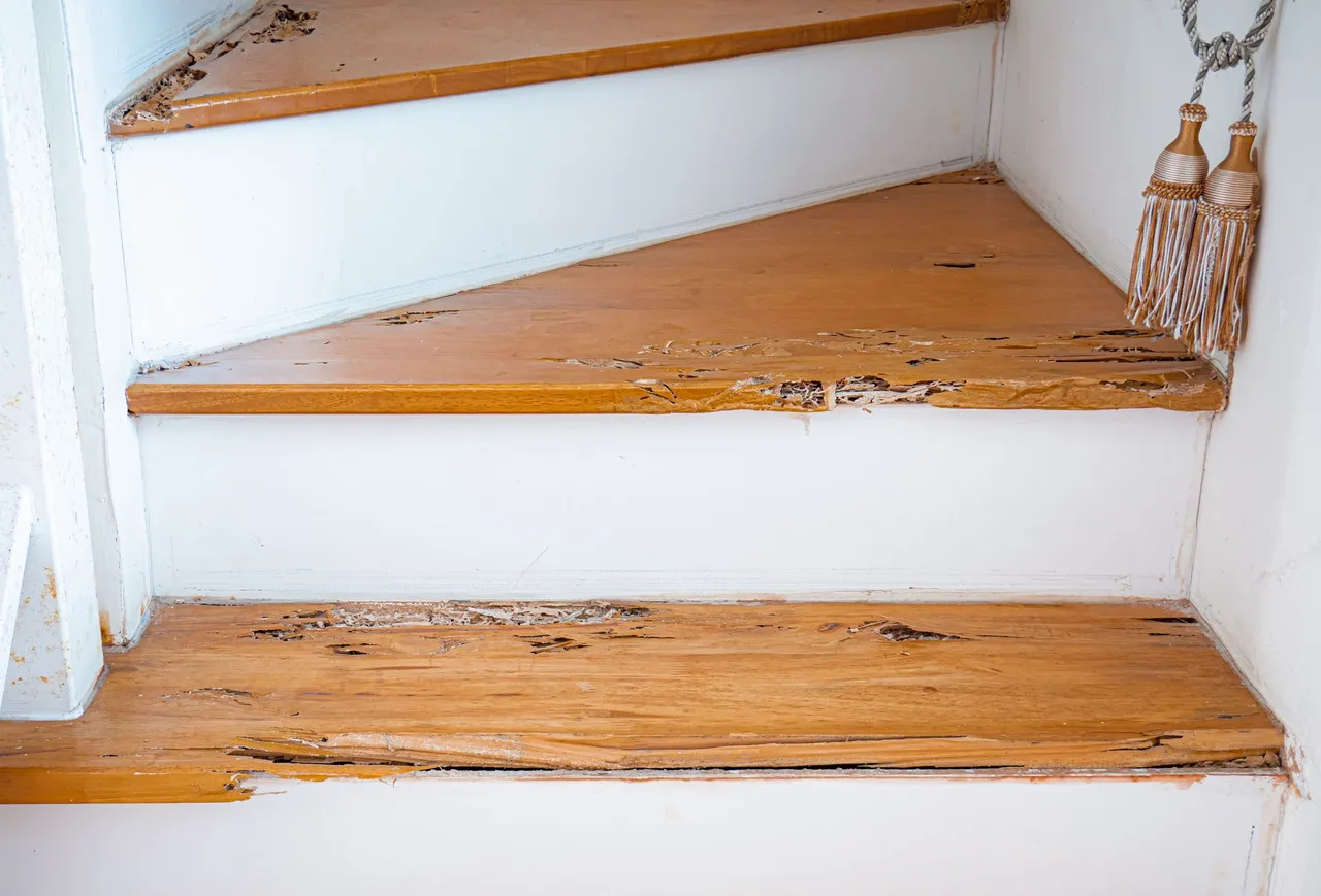 A close up of a wooden staircase with peeling paint.